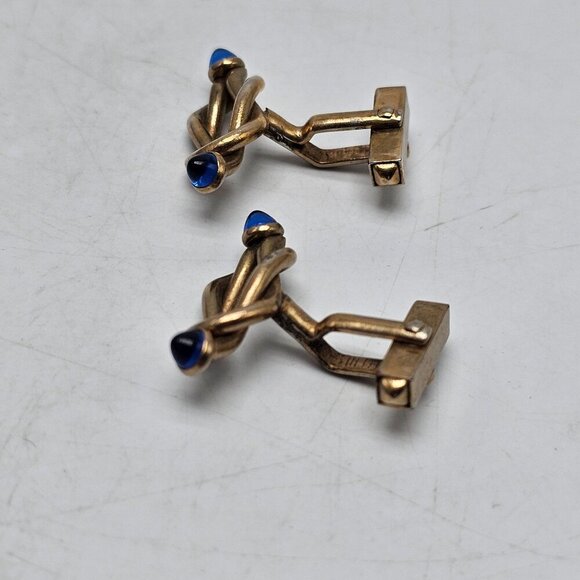 Vintage Swank Gold Tone Cufflinks With Blue Glass Cabochons - Picture 2 of 5